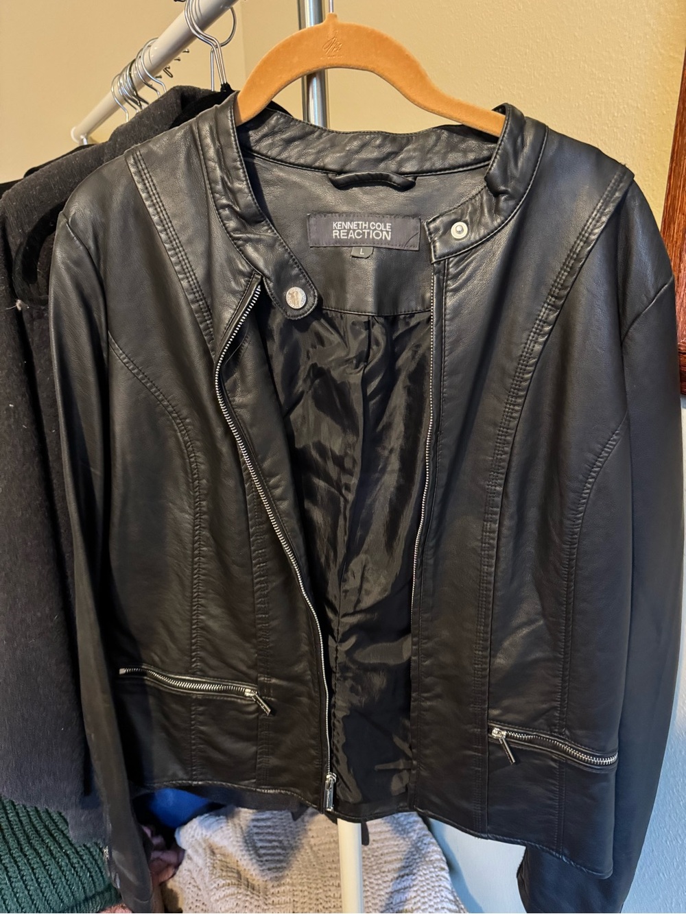 Kenneth Cole Reaction Black Faux Leather Moto Jacket with Zip Pockets